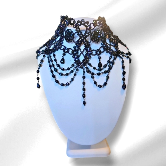 Vintage Jewelry - Victorian Revival Color Black / Rainbow Festoon Necklace."The Rhinestone Castle"